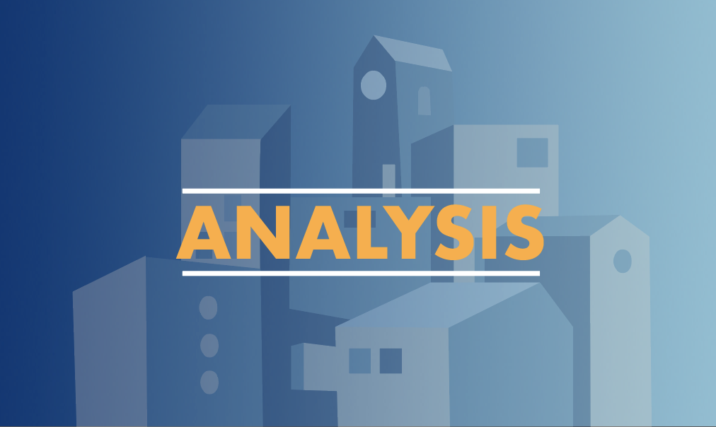 Fadded illustration of houses and blocks against a blue background with the word 'analysis' written on top in bright yellow