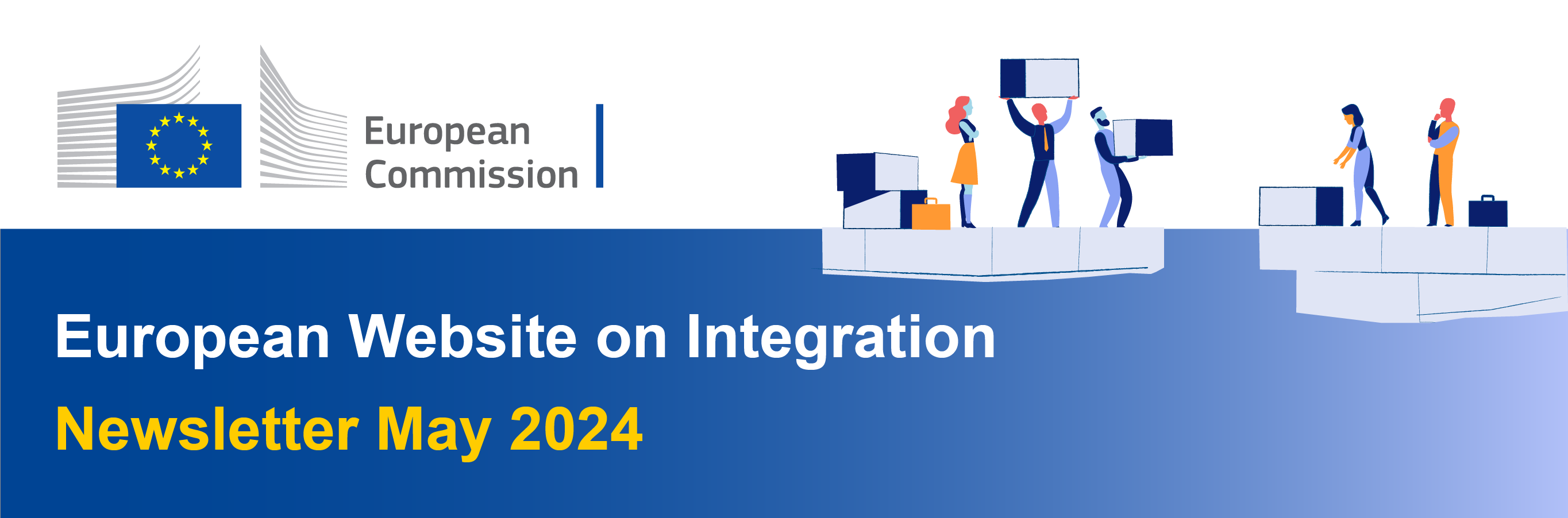 Blue banner with the logo of the EC on top. The text reads 'European Website on Integration, Newsletter May 2024'. Illustration of people building a bridge on the side of the title.