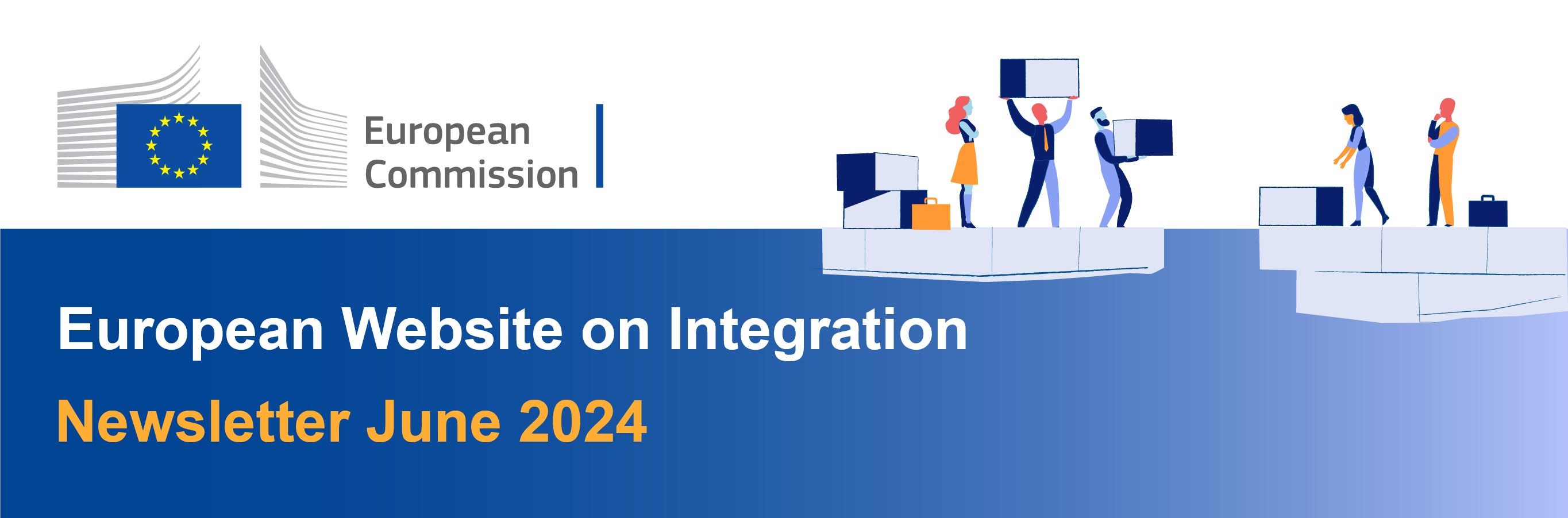 Blue banner with the logo of the EC on top. The text reads 'European Website on Integration, Newsletter May 2024'. Illustration of people building a bridge on the side of the title.