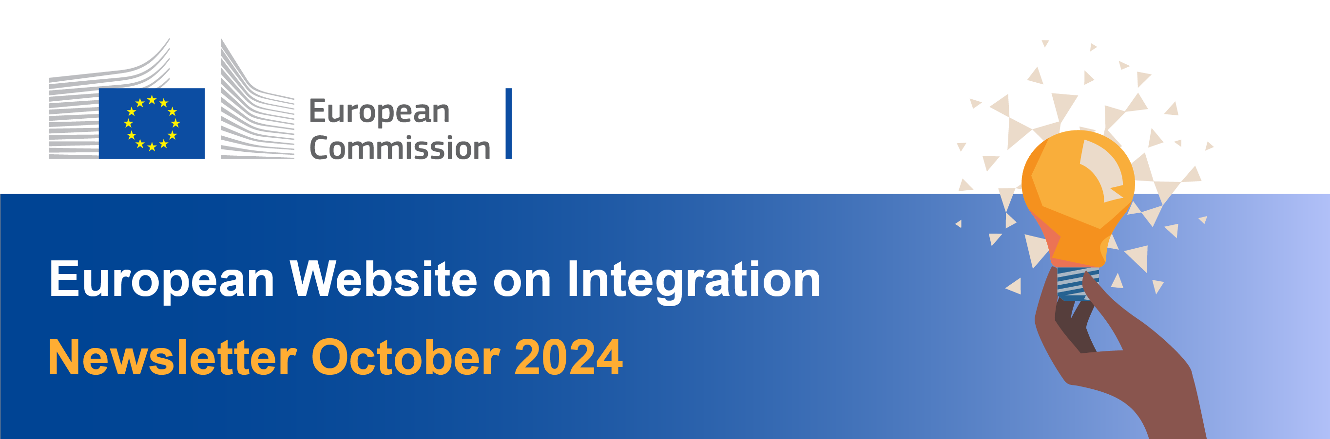 Blue banner with an illustration of a hand holding a bulb with the European Commission logo. The banners titles include 'European Website on Intergation' and 'Newsletter October 2024'