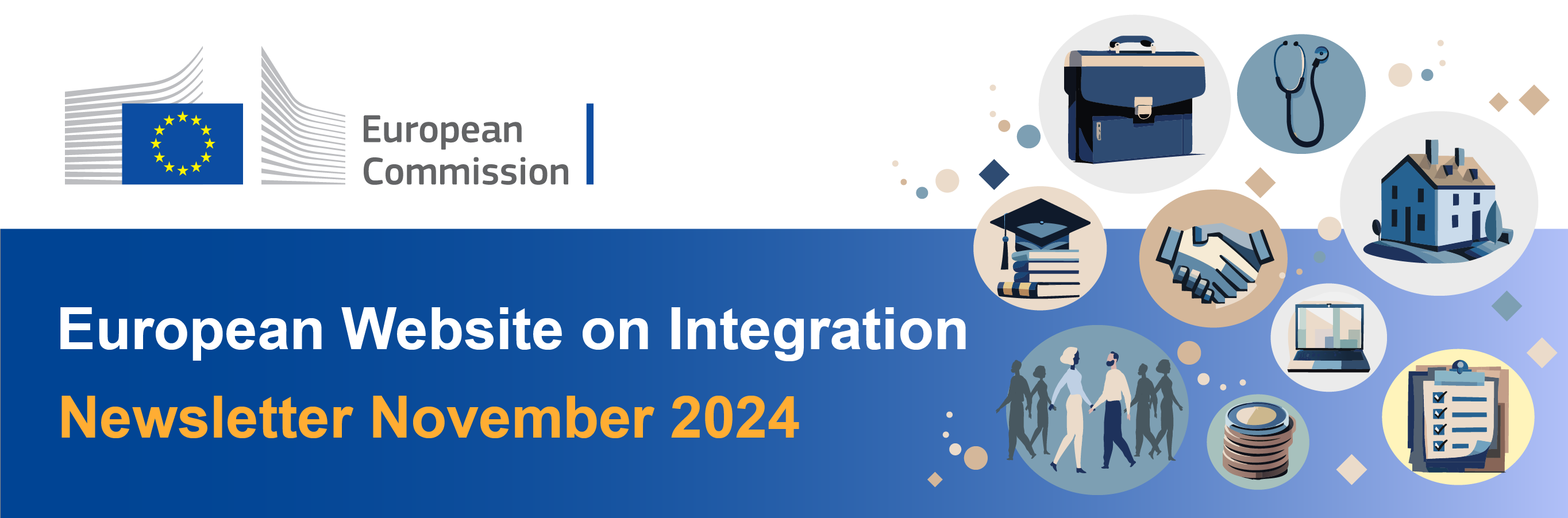 Blue banner with the logo of the European Commission and illustrations depicting different areas of integration. The banner reads 'European Website on Integration. Newsletter November 2024'