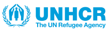 Logo of the United Nations High Commissioner for Refugees (UNHCR) depicting refugees protected by hands and the name of the organisation in blue on white background