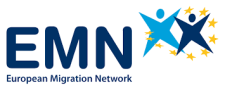 EMN logo - three navy letters on a white background with an image of two blue cartoon people jumping, surround by a circle of yellow stars