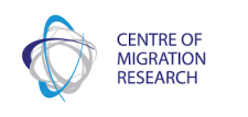 Centre of Migration Reseach logo, blue letters and a logo of dynamic lines forming a circle against a white background