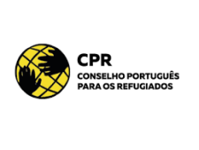 Conselho Português para os Refugiados (CPR) logo, stylisedimage of a yellow plannet with two black hands hugging it, name of the organisation with black letters against white background