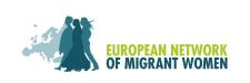 The words 'European Network' in light green above 'of Migrant Women' in dark blue, against a white background next to a sillhouetted image of a group of women