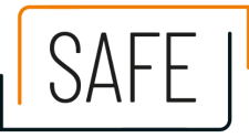 The word 'SAFE' in black block letter capitals, with a black and orange rectangular border