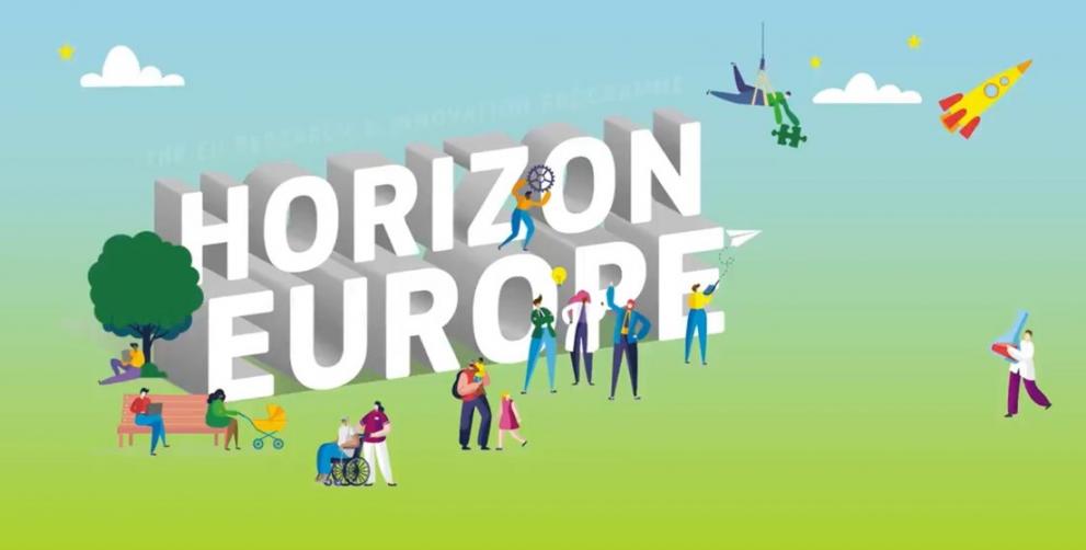 Horizon Europe logo 2021 - white letters on a green background