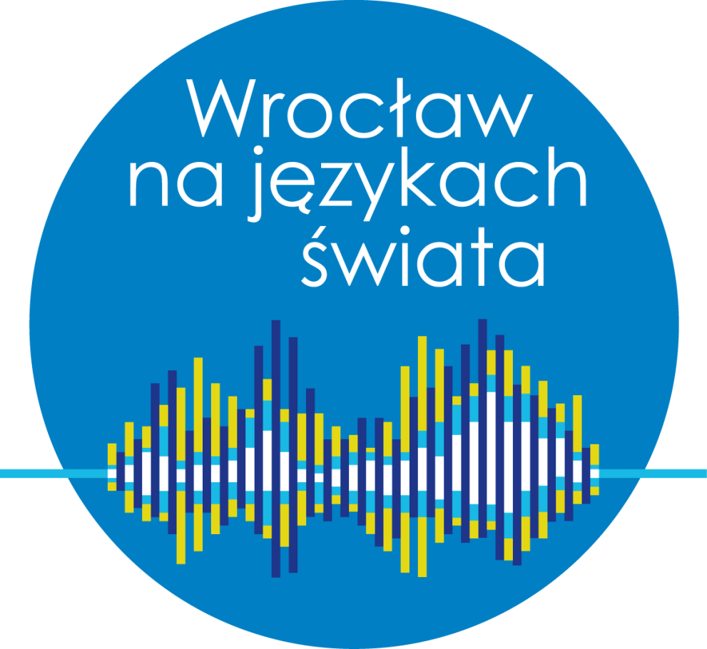 Logo of the project Wroclaw on Tongues of the World depicting a blue circle with a soundwave against it