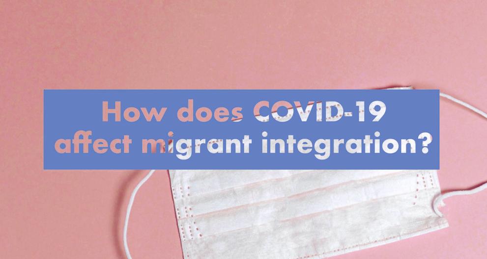 Image of a medical face mask with superimposed hollow lettering reading 'Hows does COVID-19 impact migrant integration?' in pink and purple.